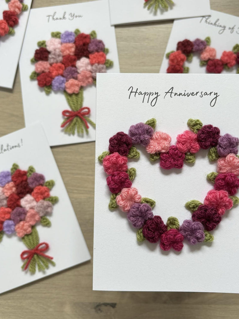 Crochet Floral Anniversary Card - Personalisation Optional - 100% Recycled - A6, Floral Anniversary Card, Flower Bouquet Card, Flower Wreath ANNIVERSARY