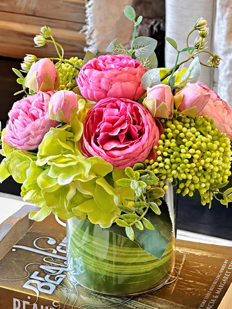 Pink peonies in glass vase, Faux silk flowers peony centerpiece, green hydrangea, berry, greenery, real touch artificial floral arrangement silk flower