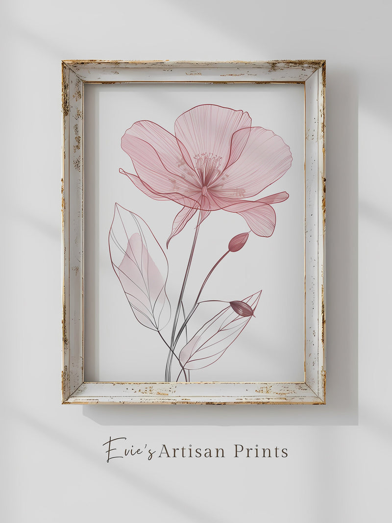 Poppy Print Floral Sketch Botanical Wall Art Poster - Pink Tones Modern Botanical Decor House Warming Gift Printable Instant Download house warming flower