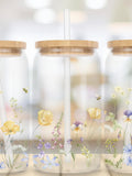 WildFlower Bee Sipper Glass 16oz, Floral Iced Coffee Cup, Libbey Glass Can, Glass Tumbler Cup with Lid & Straw, House Warming Gifts New Home house warming flower