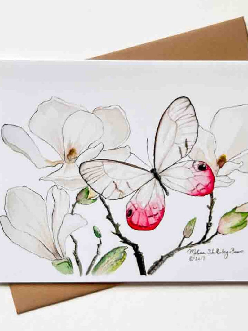 Butterfly on Magnolias Card | Design#033 | Size A2 | 4.25" x 5.25" folded | Thank You | Birthday | Sympathy | Get Well | Blank Note Card sympathy flower