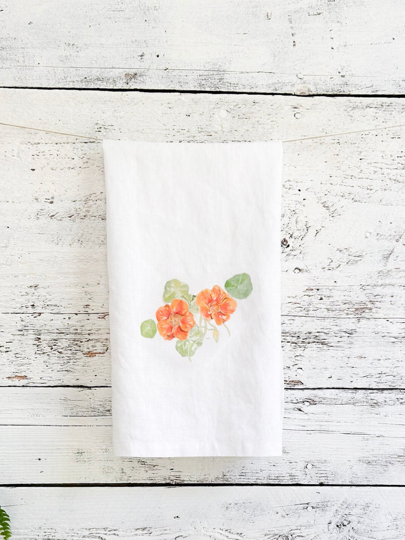 Nasturtium French linen tea towel, white stone-washed French linen, dish towel, kitchen decor, house-warming, hostess gift for gardener house warming flower