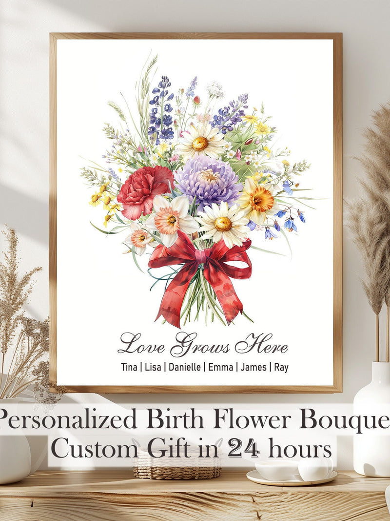 Custom Birth Month Flower, Personalized Family Birth Flower Bouquet, Gift for Mom, MotherÕs Day Gift, Mom GrandmaÕs Garden, Print Wall Art birthday flower