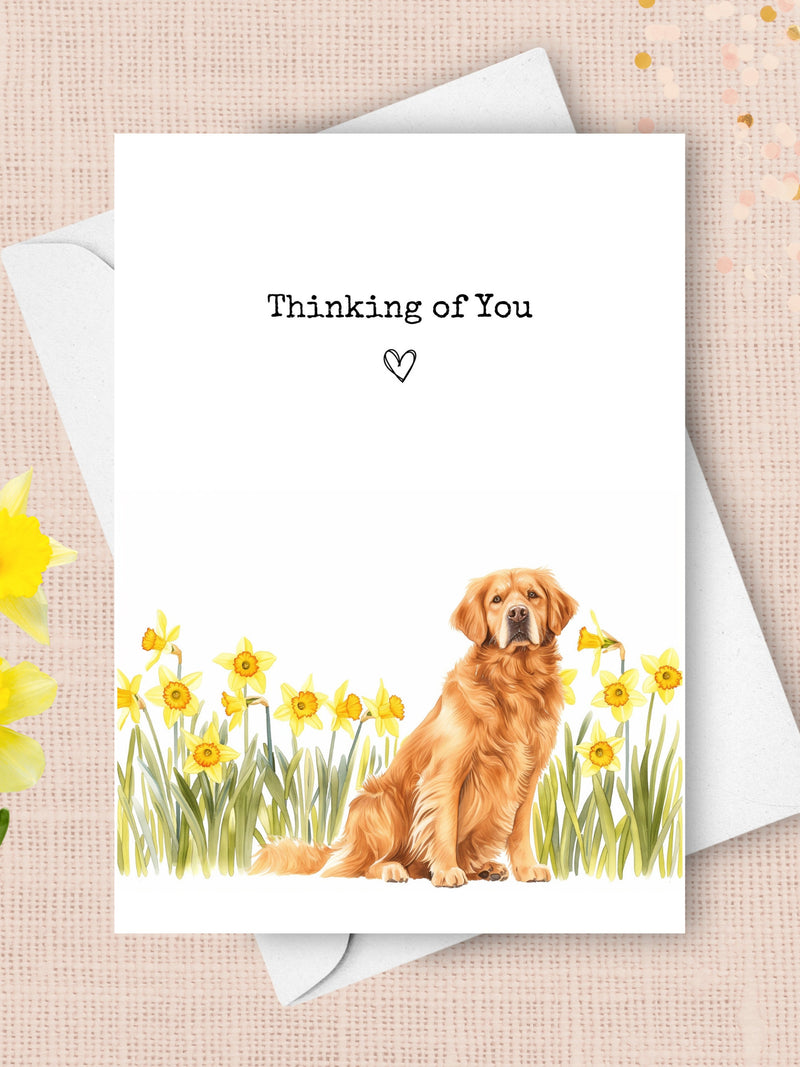 Golden Retriever Thinking of You Card, Pet Dog Sending Happy Cheer Love Greeting, Yellow Daffodils Sympathy Gift, Flowers Watercolor Present sympathy flower