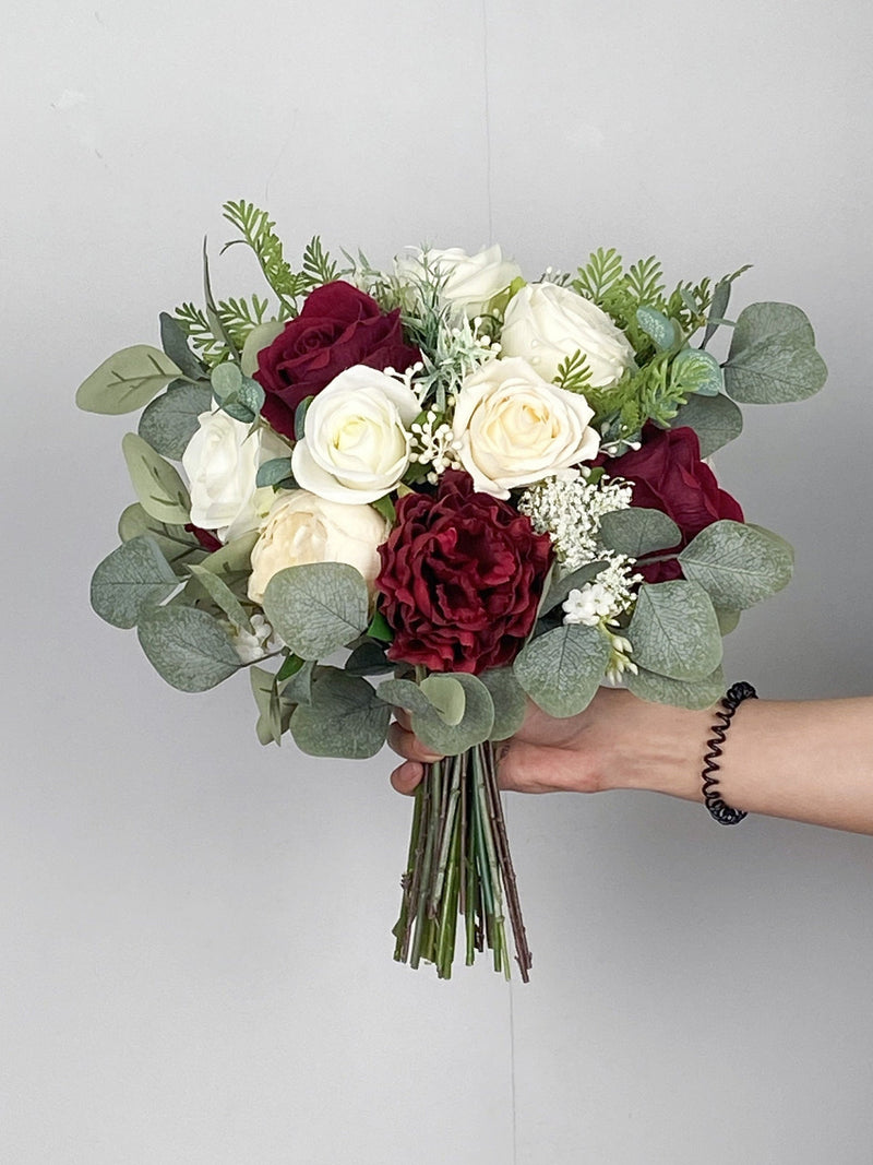 Burgundy and White Bridal Bouquet, Bridesmaid Bouquet, Boho Flower Bouquet,  Design in Rose, Peony, Baby's Breath and Eucalyptus Bouquet