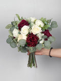 Burgundy and White Bridal Bouquet, Bridesmaid Bouquet, Boho Flower Bouquet,  Design in Rose, Peony, Baby's Breath and Eucalyptus Bouquet