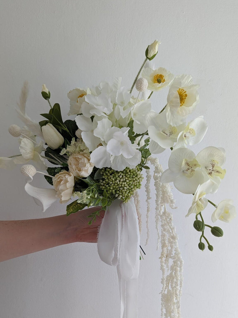 Minimalist Faux Flower Wedding Design, Modern Bridal Bouquet Dried Floral Arrangement, Cascading Bouquet - Amaranthus, Orchid wedding flower