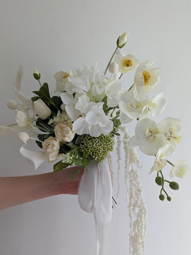 Minimalist Faux Flower Wedding Design, Modern Bridal Bouquet Dried Floral Arrangement, Cascading Bouquet - Amaranthus, Orchid Bouquet