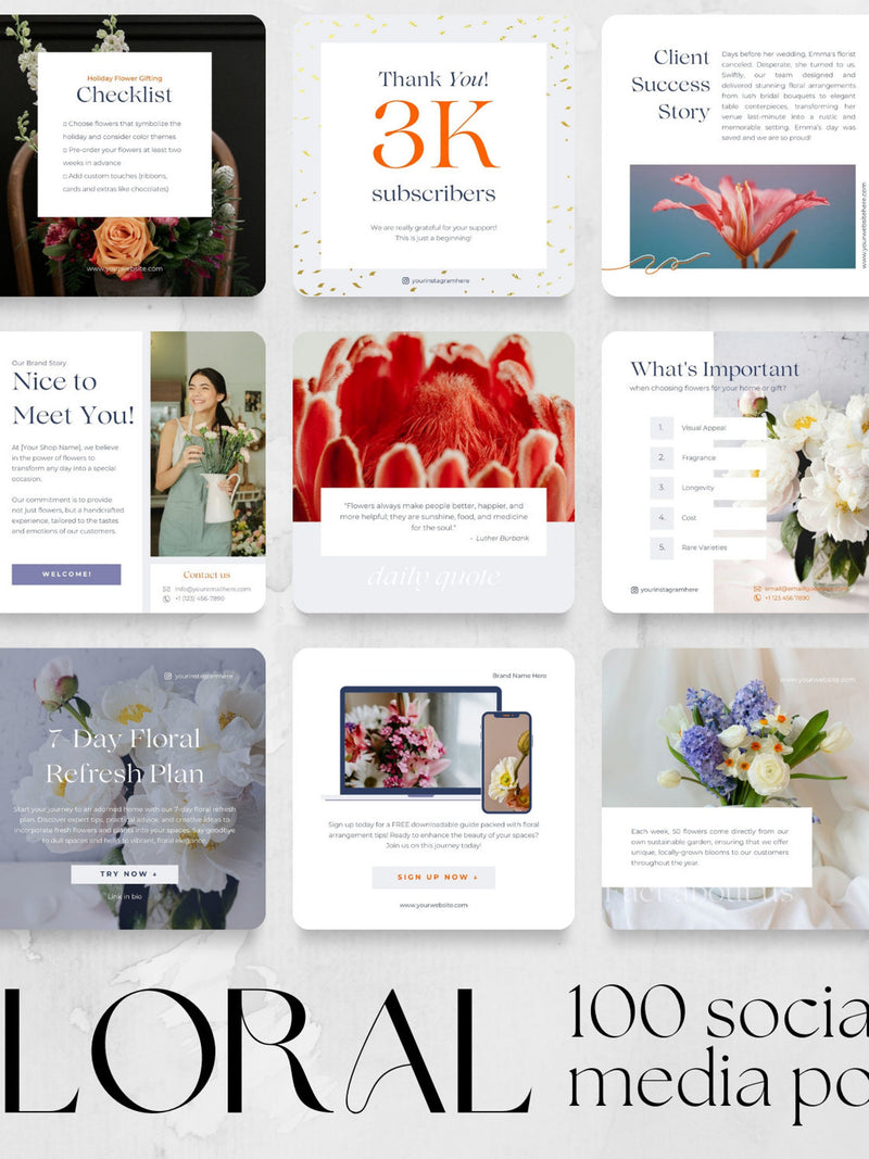 100 Floral Social Media Post Templates | flower bouquet shop business Instagram IG grid, Facebook fb Canva Editable template florist content FLOWER DELIVERY