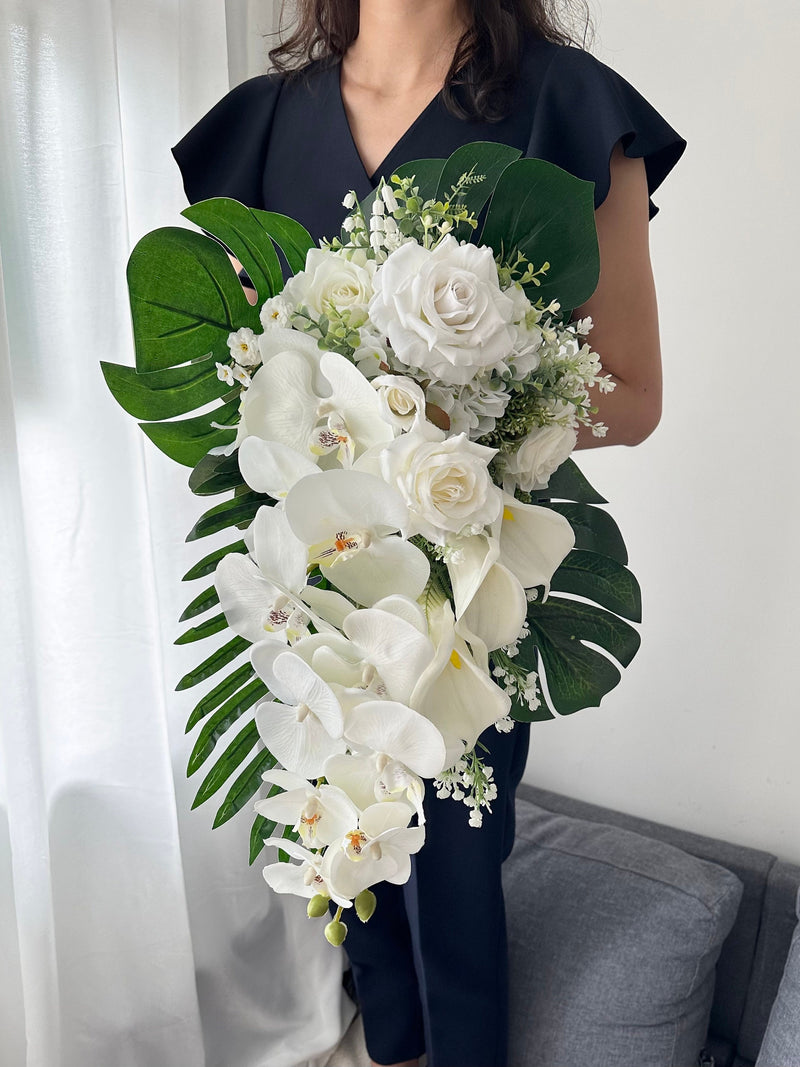 Cascading White Rose Wedding Bouquet: Artificial Orchid, Calla Lily & Monstera Bouquet