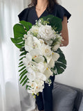 Cascading White Rose Wedding Bouquet: Artificial Orchid, Calla Lily & Monstera Bouquet