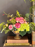 Pink rose peony centerpiece in gold iron vase, Faux flowers, silk hydrangea, berry clusters & greenery, artificial floral arrangement silk flower