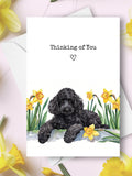 Black Poodle Thinking of You Card, Pet Dog Sending Cheer Love Greeting, Yellow Daffodils Sympathy Gift, Spring Flowers Watercolor Present sympathy flower