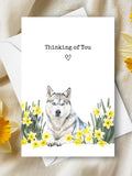 Husky Thinking of You Card, Pet Dog Sending Cheer Love Greeting, Yellow Daffodils Sympathy Gift, Siberian Husky Flowers Watercolor Present sympathy flower