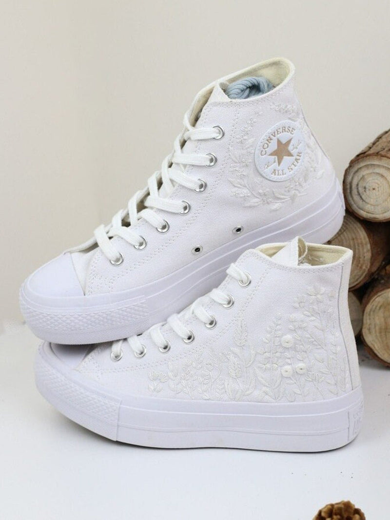 Custom Wedding Converse: White Flower Embroidered Bridal Sneakers wedding flower