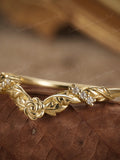 Vintage Leaf Flowers Diamond Wedding Band Yellow Gold Leaf Ring Unique Curved Wedding Band Art Deco Twisted Anniversary Ring For Women ANNIVERSARY