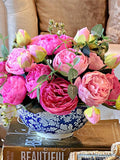 Pink Peonies in Blue & White ceramic vase, Faux silk flowers, two tone pink roses centerpiece, real touch artificial arrangement, home decor silk flower