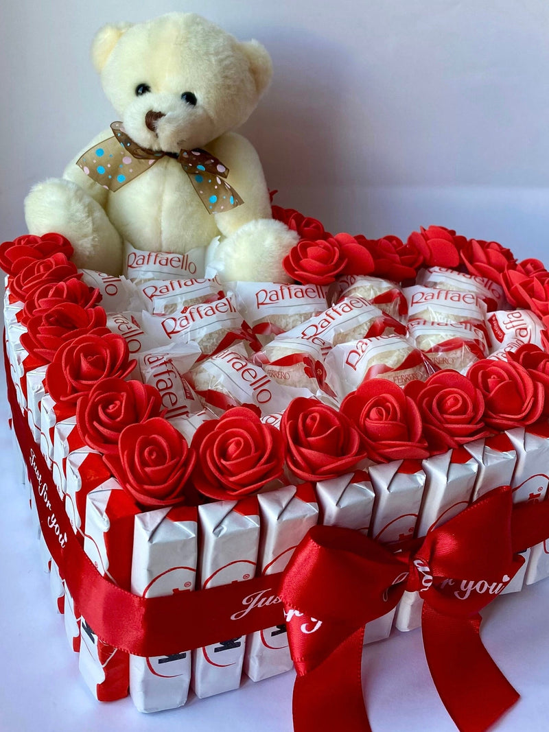 Chocolate Bouquet Gift: Heart Box, Teddy Bear & Artificial Flowers FLOWER DELIVERY