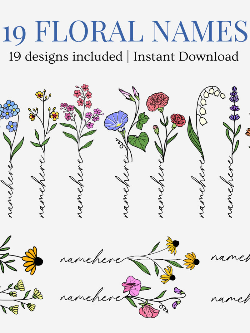 Wildflowers Personalized Name SVG, PNG bundle 19 graphics, Birth month wild flowers svg files Birthday Flower clipart Botanical birthday flower