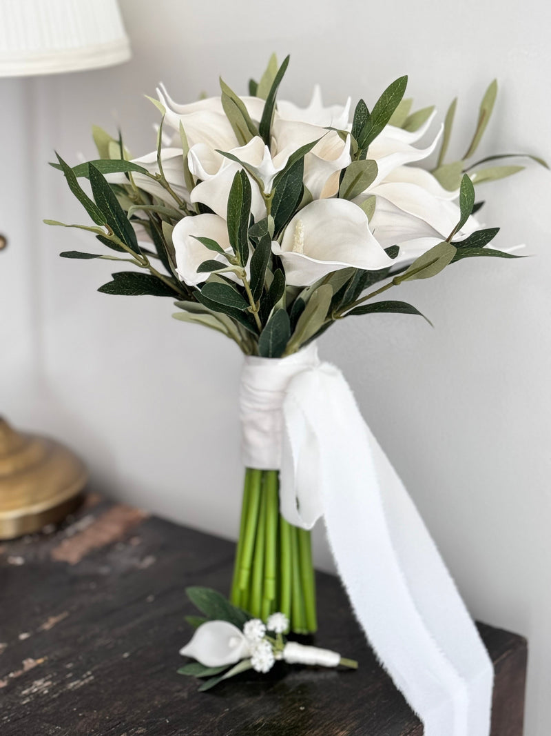 Calla lily bouquet and boutonniere with olive branch detail Bouquet