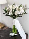 Calla lily bouquet and boutonniere with olive branch detail Bouquet