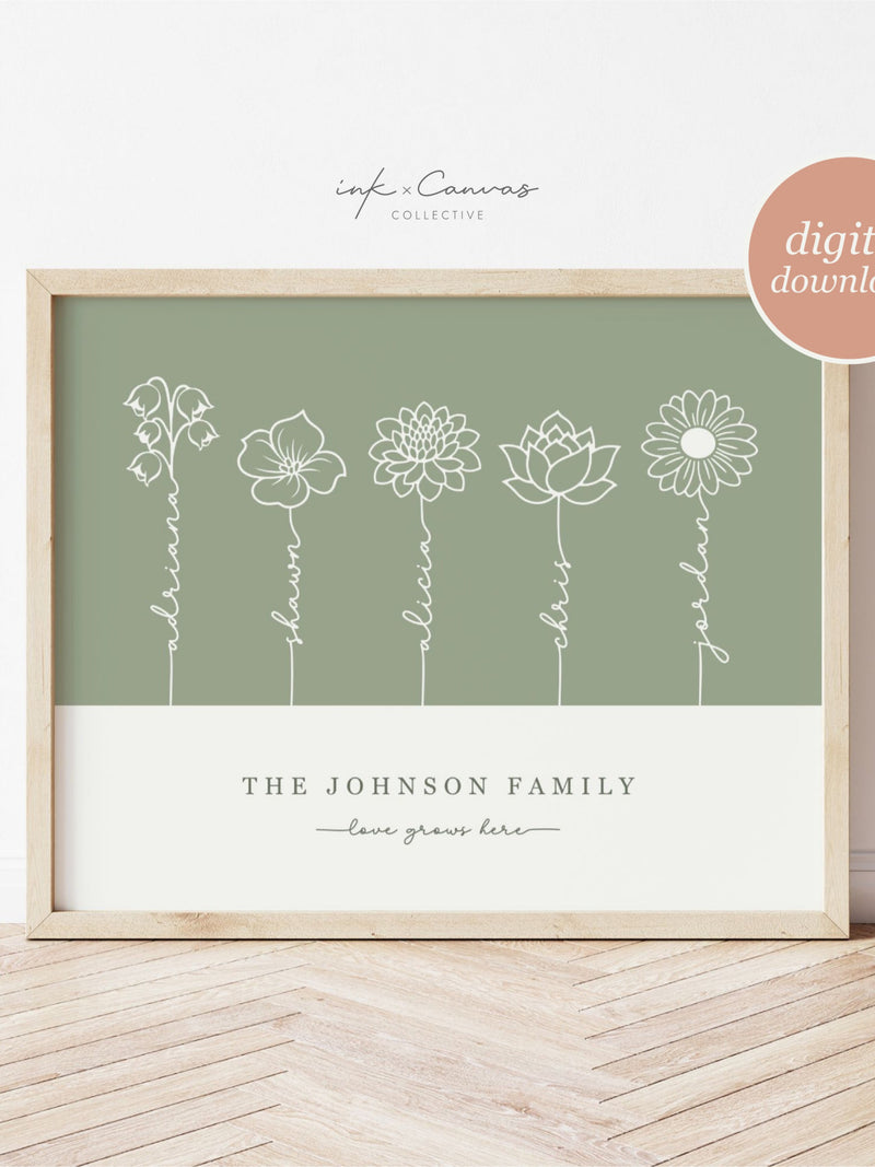 Custom Birth Flower Print Grandma's Garden Print Personalized Gift for Mom Minimalist Birth Month Flower Art Boho Floral Print Printable Art birthday flower