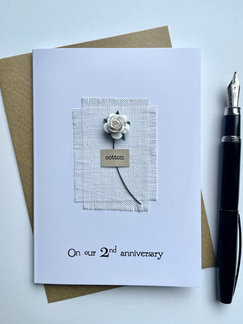 2nd Anniversary COTTON Card. Real Cotton Fabric with a Single Red Rose. Wife Husband son daughter Second Gift Size A6: 15x10.5cm ANNIVERSARY