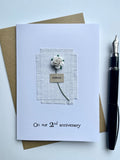 2nd Anniversary COTTON Card. Real Cotton Fabric with a Single Red Rose. Wife Husband son daughter Second Gift Size A6: 15x10.5cm ANNIVERSARY