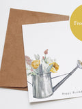 Watercolor Birthday Card: Floral Watering Can, Handmade Greeting birthday flower