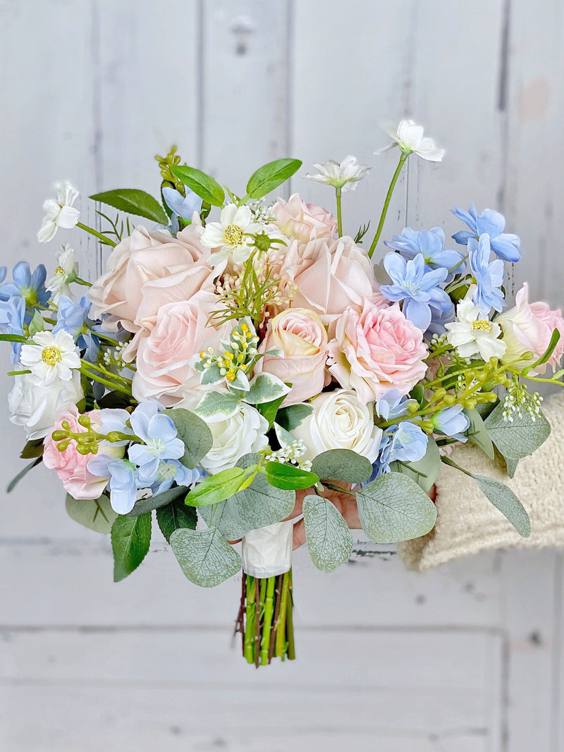 Blush Pink Silk Wedding Bouquet, Boho Rose Daisy Delphinium Design wedding flower