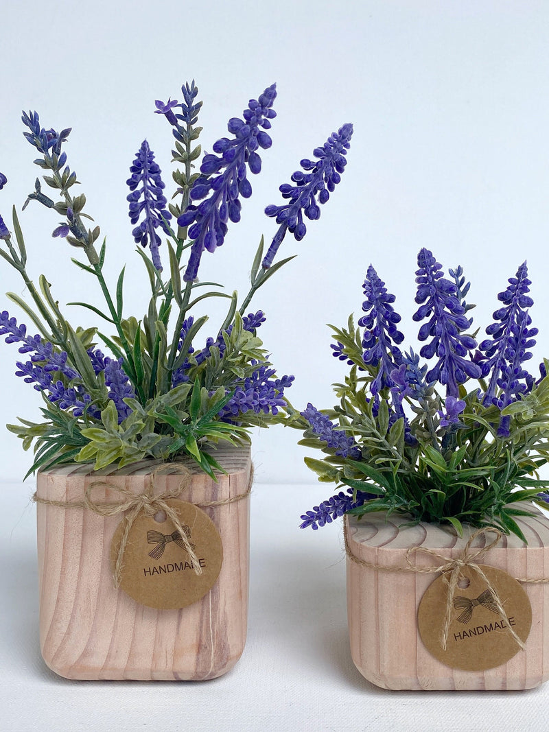 Faux Lavender Plant in Handmade Wood Pot - Artificial Flowers - Floating Shelve Decor, Small Space Decor,  Fake Plant faux plants