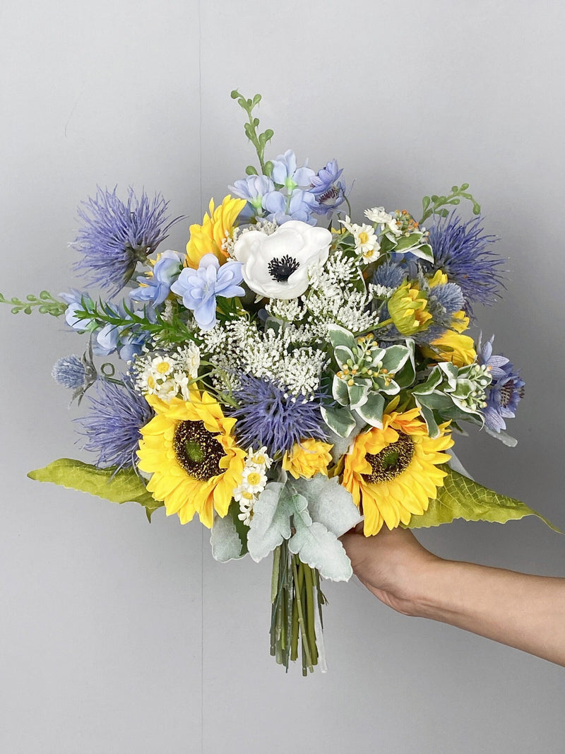 Sunflower & Blue Thistle Silk Wedding Bouquet, Rustic Boho Style wedding flower