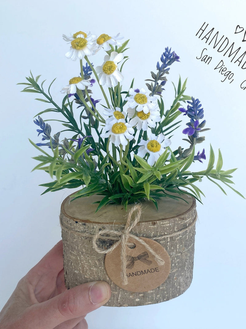 Faux Wild Flower Arrangement in Handmade Wood Pot - Artificial Flowers - Small Centerpiece - Fake Lavender and Silk Daisy Flowers silk flower