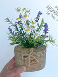 Faux Wild Flower Arrangement in Handmade Wood Pot - Artificial Flowers - Small Centerpiece - Fake Lavender and Silk Daisy Flowers faux plants