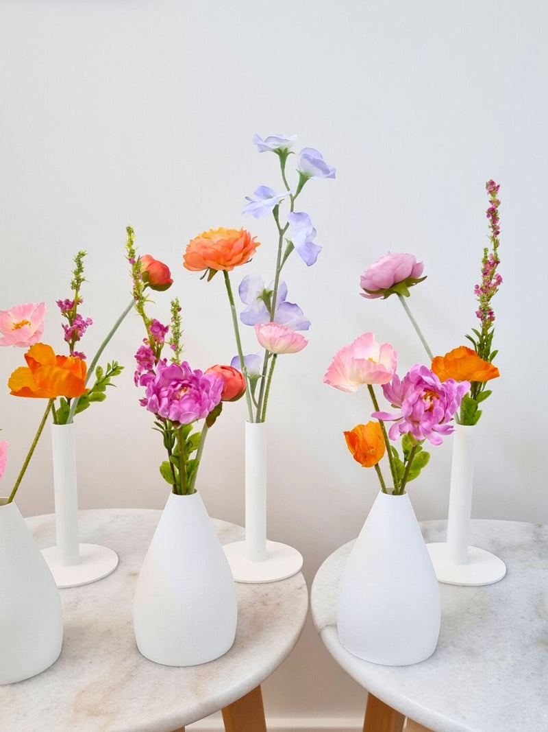 Whimsical Wildflower Bud Vases, Colorful Silk Flowers in White Bud vases, Faux Flower Bud Vases to suit  a range of event decor colors silk flower