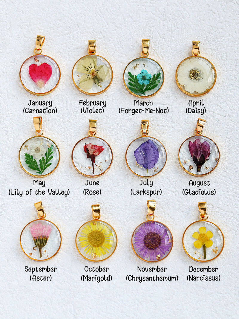 Real Pressed Birth Flower Charm, 18k Gold Plated Flower Pendant, Jewelry Making ANNIVERSARY