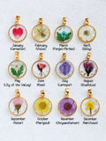 Real Pressed Birth Flower Charm, 18k Gold Plated Flower Pendant, Jewelry Making ANNIVERSARY