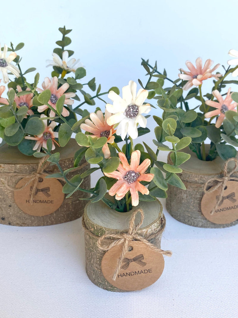 Faux Flower Arrangement in Handmade Wood Pot - with Peach Coral Daisy Wild Flowers and Eucalyptus  - Small Centerpiece Flower Bouquet FLOWER DELIVERY