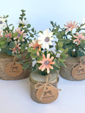 Faux Flower Arrangement in Handmade Wood Pot - with Peach Coral Daisy Wild Flowers and Eucalyptus  - Small Centerpiece Flower Bouquet FLOWER DELIVERY