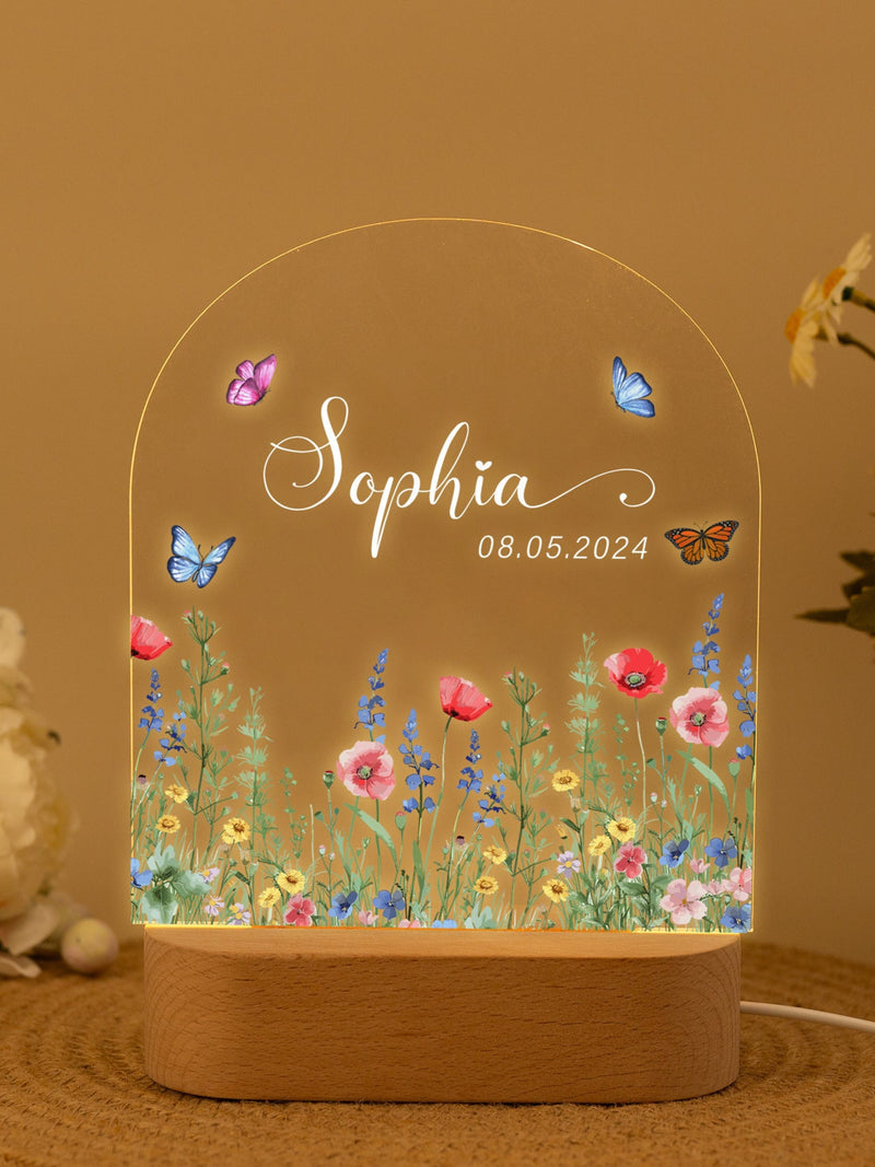 Personalized wildflower night light with Sophia name, butterflies, flowers, and wooden base