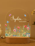 Personalized wildflower night light with Sophia name, butterflies, flowers, and wooden base