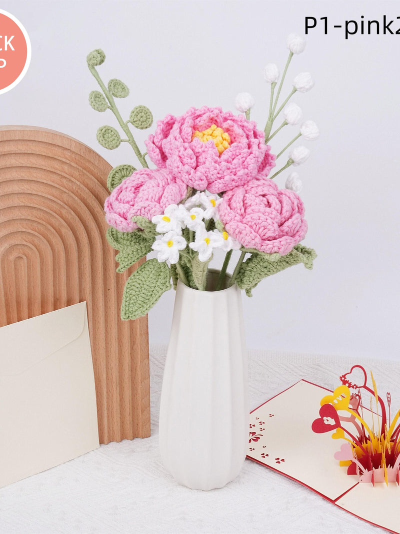 6PCS Crochet Peony Rose Bouquet & Heart Card,Handmade Knitted Flowers,Pink Peony Bouquet,Perfect  Gifts for Girlfriend Bouquet
