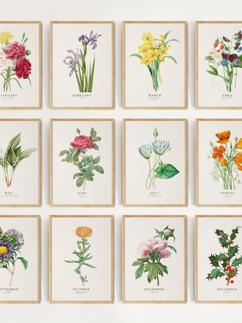 Set of 12 Vintage Birth Month Flowers Prints, Birth Flower Printable, Botanical Wall Art, Birth Month Painting, Birth Month Flower Art BF01 birthday flower