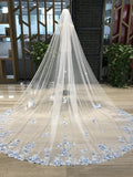 Bridal Veil with Fairy Blue Lace Floral Blue Flower Wedding Veil Soft Tulle Ivory Bridal Veil Royal Length Veil Custom Hand-Made Veil wedding flower