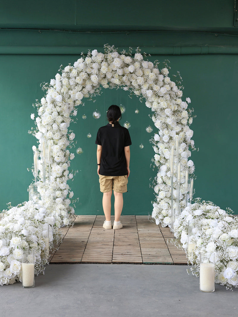 Luxury Backdrop Fleurs Artificielles Mariage Romantic Decoration Custom White Rose Babybreath Floral Arrangement Props wedding flower