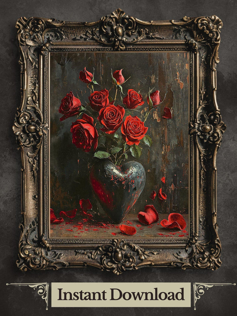 Gothic Red Rose Still Life Oil Painting: Dark Romance Decor (Digital Download) Love Romance Flower