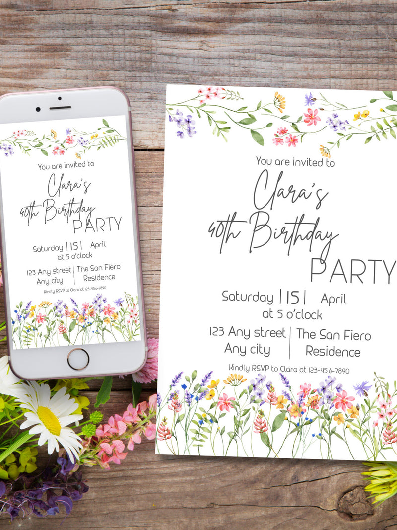 Wildflowers women birthday invitation, Editable spring flower adult bday party template Floral gender neutral baby shower evite Bachelorette birthday flower