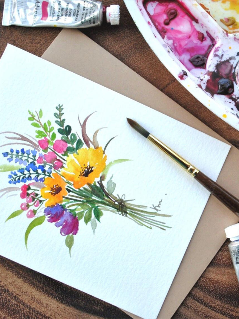 Set of 3, Original, hand painted watercolor, Flower bunch, Floral,Blank greeting, Get well soon, Birthday, sympathy, Thank you  4.25"x5.5" sympathy flower
