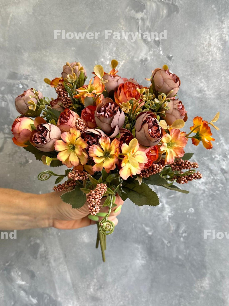 Small Peony with Berry Bouquet - Artificial Flower - Brownish Orange FLOWER DELIVERY