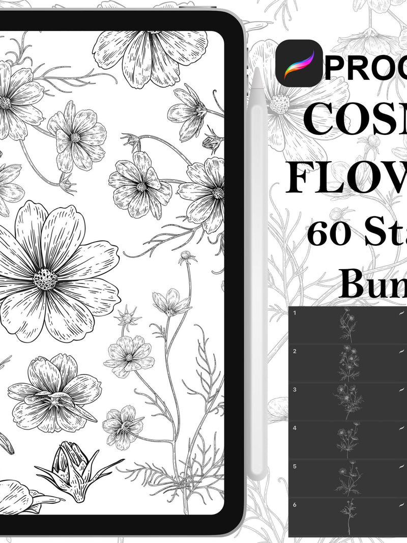 Procreate - 60 Cosmos Flowers Tattoo Stamps, Hand drawn Tattoo & Design Fineline Stamps - Commercial Use, Procreate Brushes flower spore